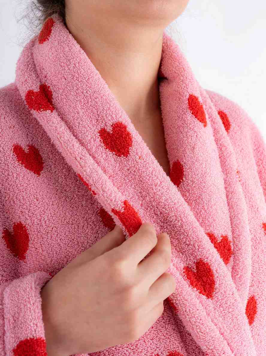 Luxury heart-shaped Turkish bathrobe on a model, offering warmth and comfort.