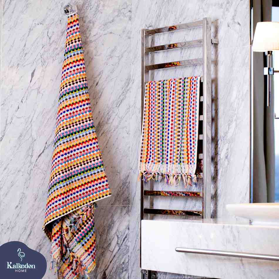 rainbow pom pom bath towel hanged bathroom