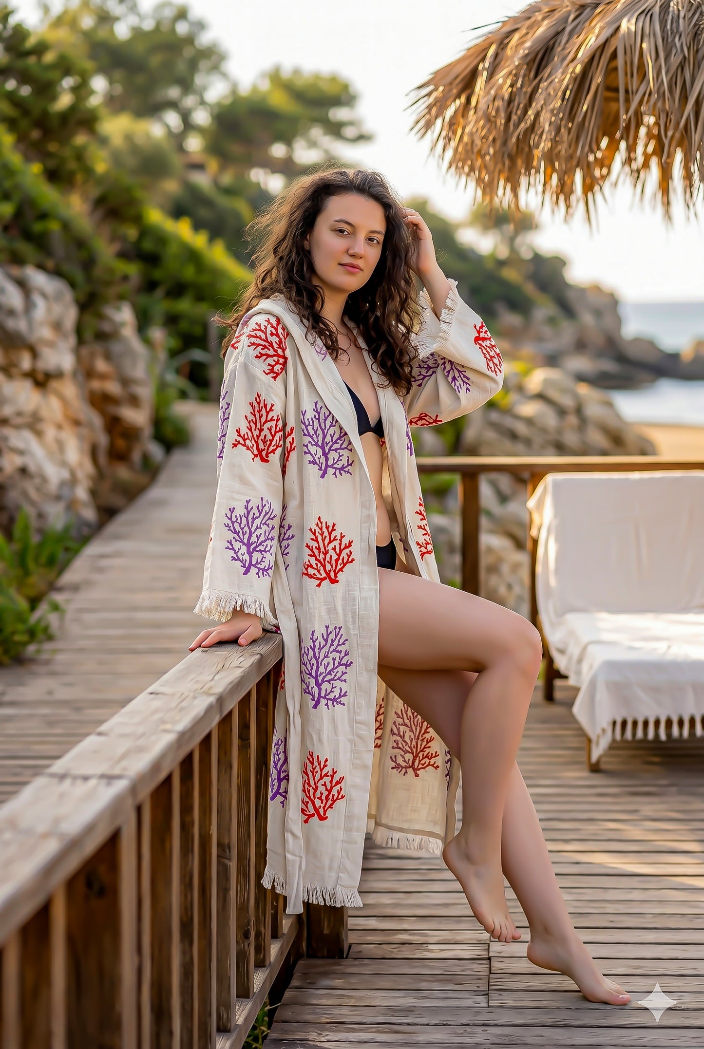 Woman in a floral kimono sitting on a wooden deck with a scenic background