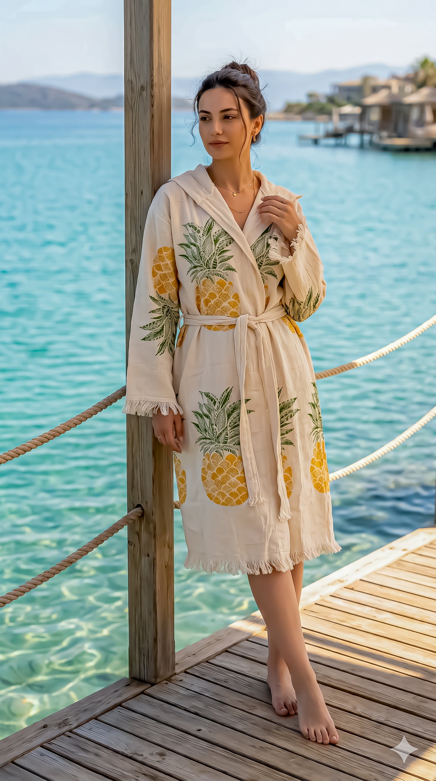 Woman wearing a pineapple-patterned robe by the water