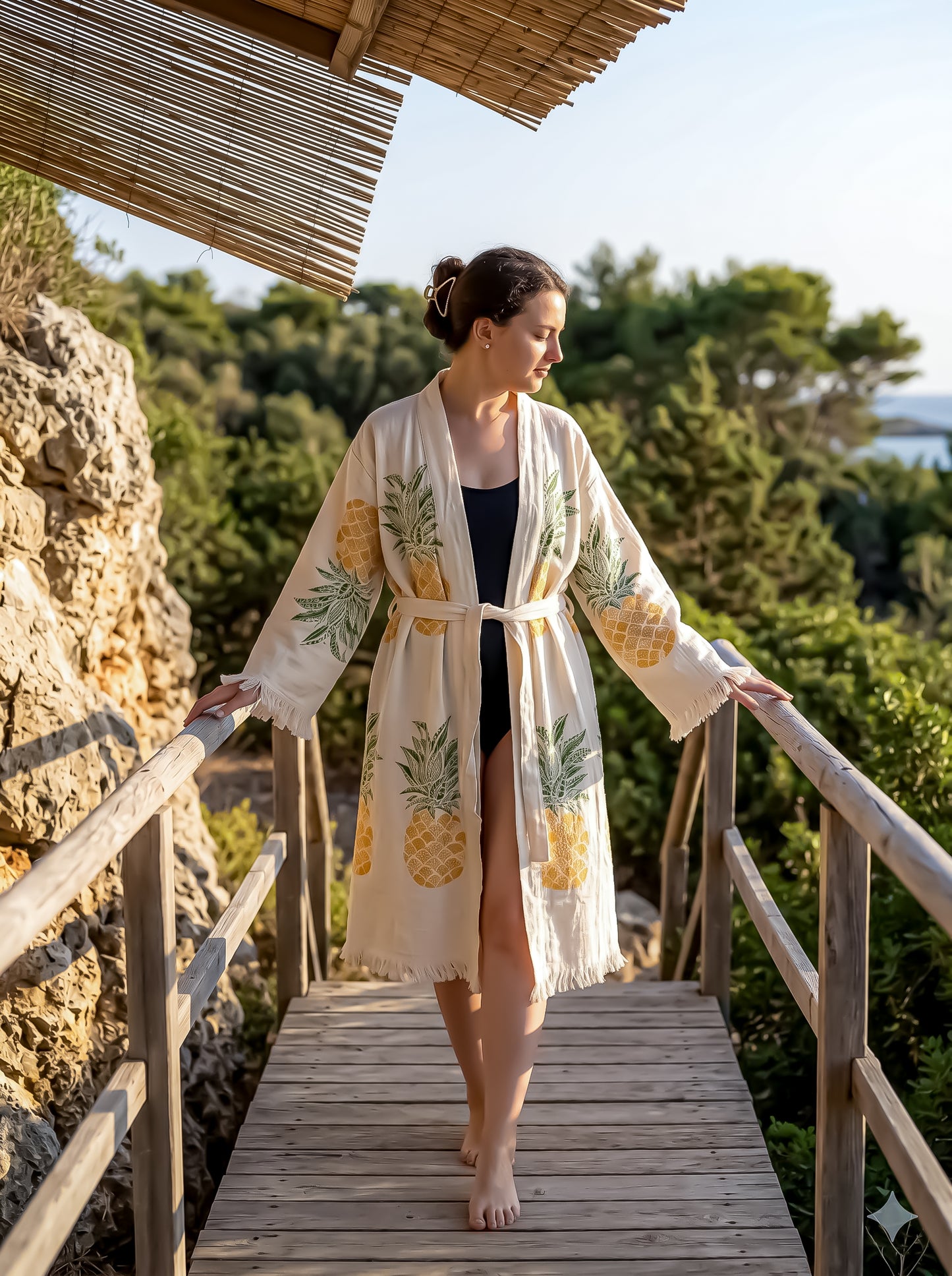 Woman in a pineapple-patterned robe standing on a wooden deck with greenery in the background