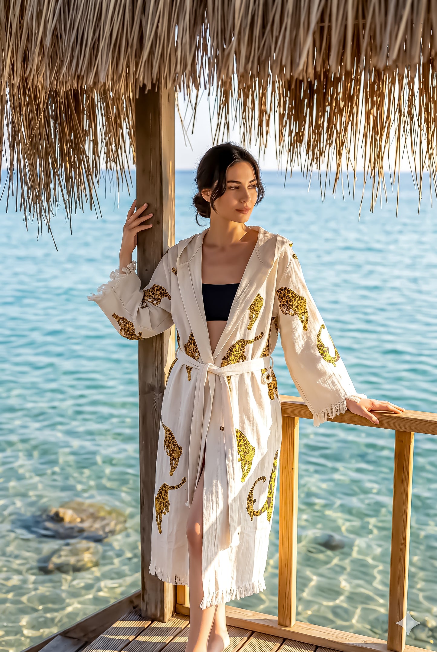 Woman in a white robe with gold patterns standing by a wooden deck with a thatched roof, overlooking clear blue water.