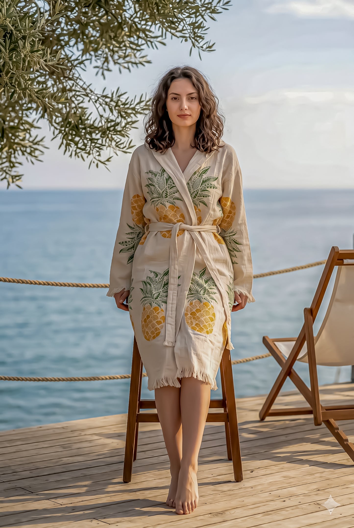Woman wearing a pineapple-patterned robe by the sea