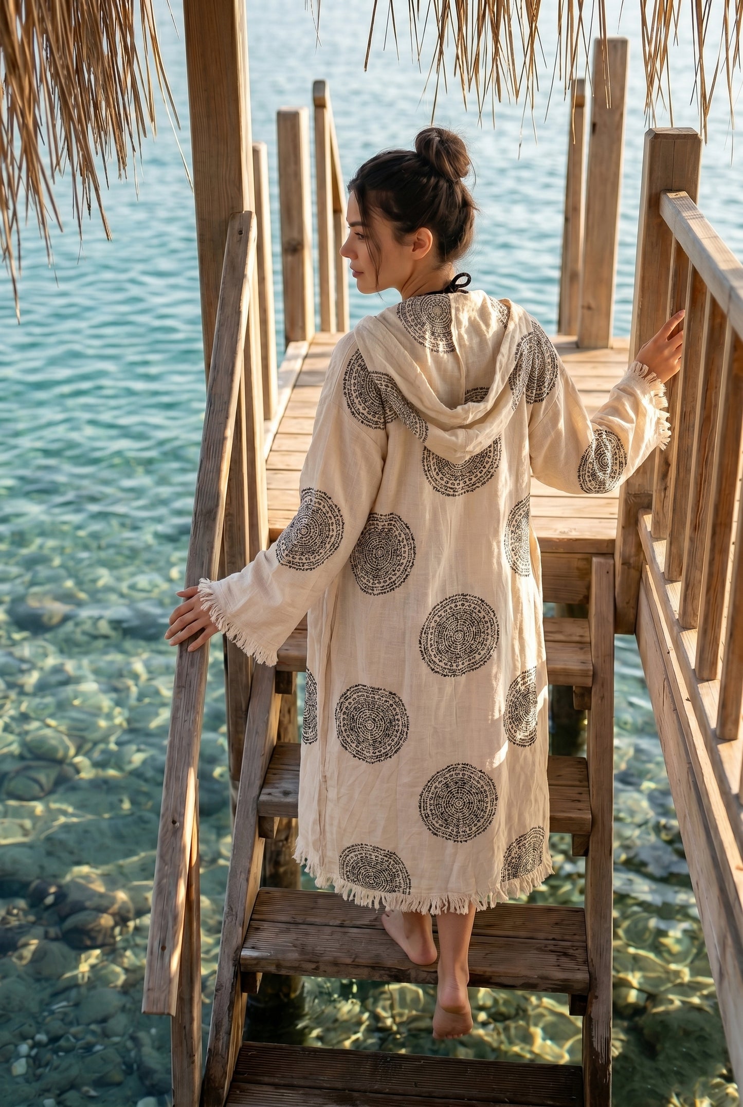 Medallion Print Hooded Kimono Robe