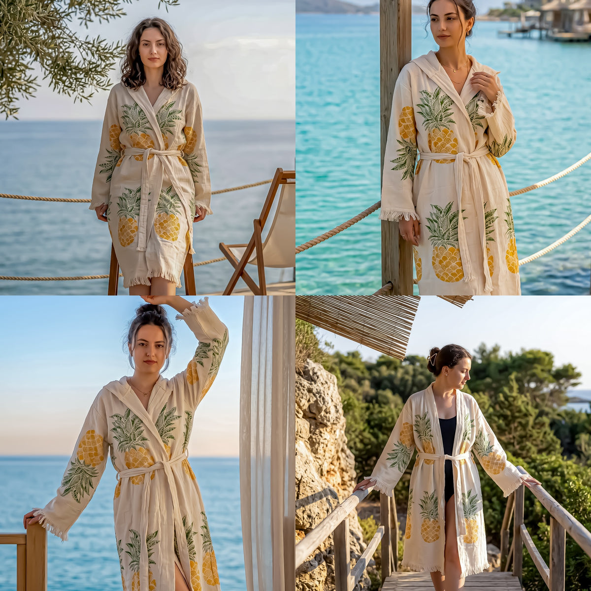Woman wearing a pineapple-patterned robe by the sea in multiple settings.