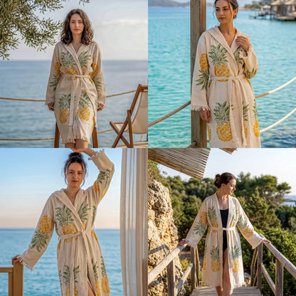 Woman wearing a pineapple-patterned robe by the sea in multiple settings.