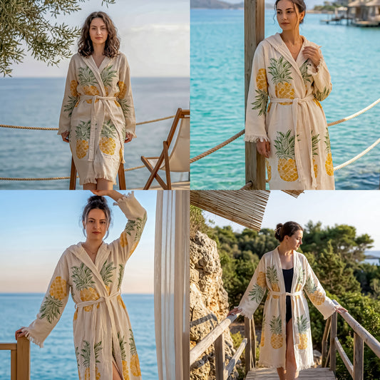 Woman wearing a pineapple-patterned robe by the sea in multiple settings.