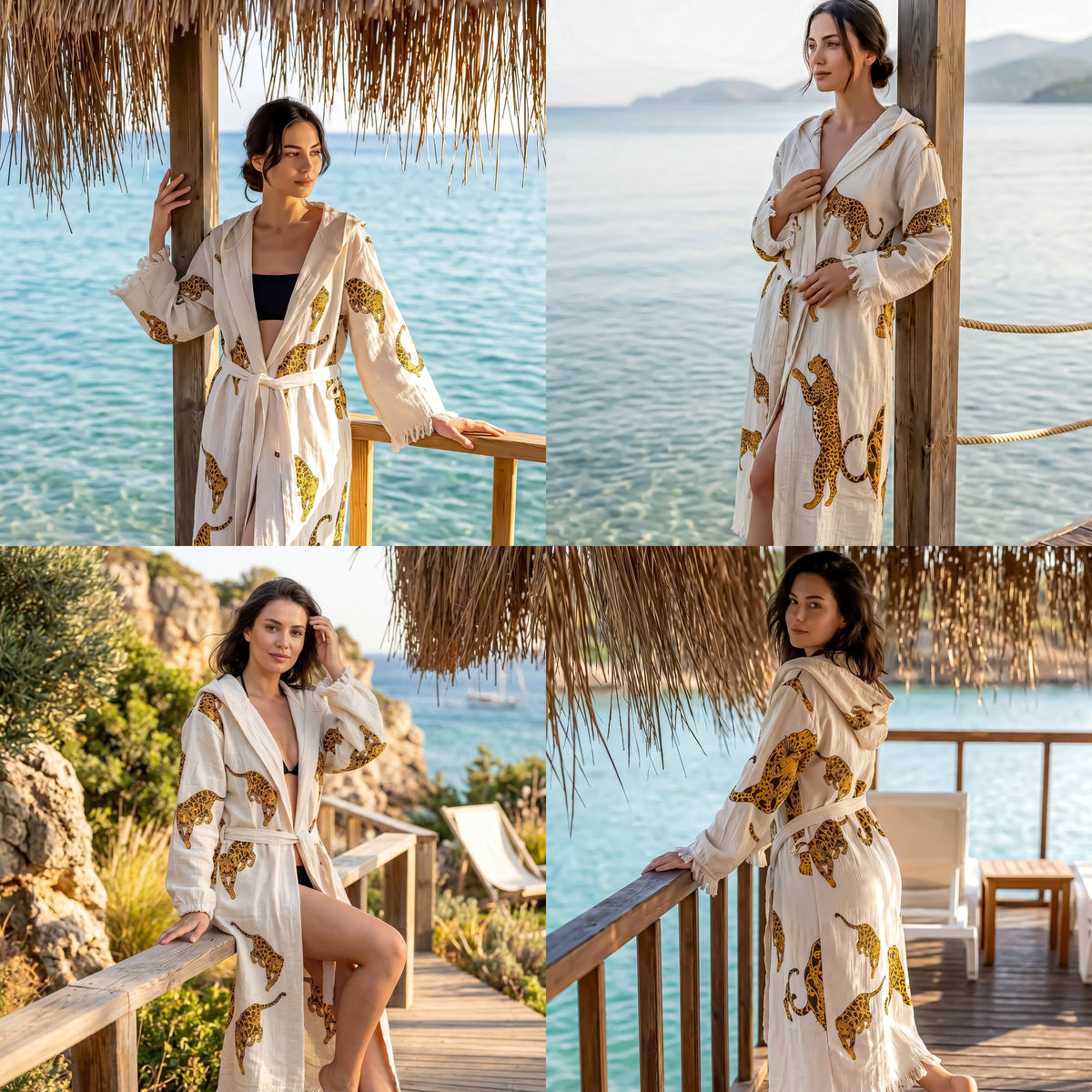 Woman in a white robe with gold animal prints by a body of water