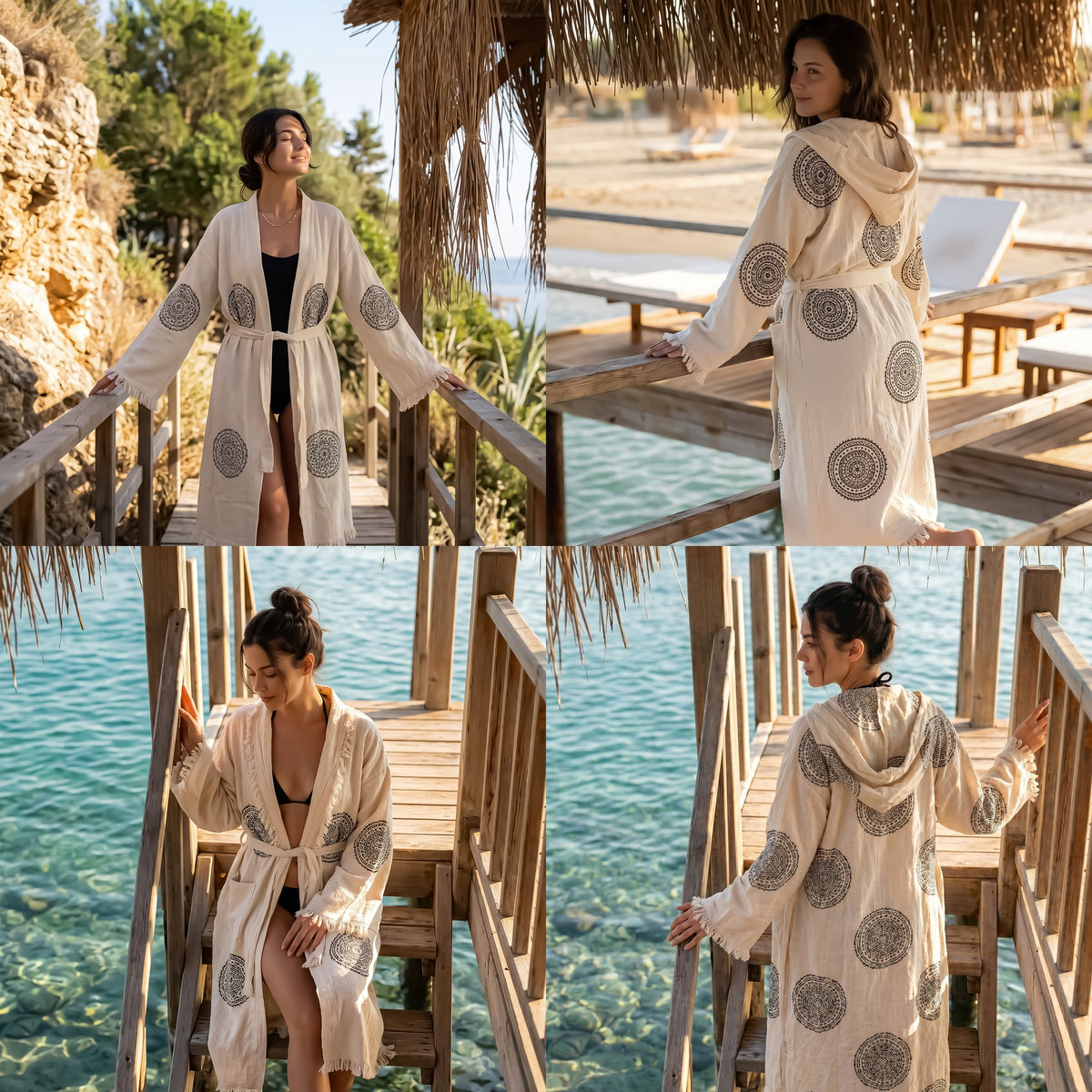 Woman in a patterned robe standing on a wooden deck by the water.